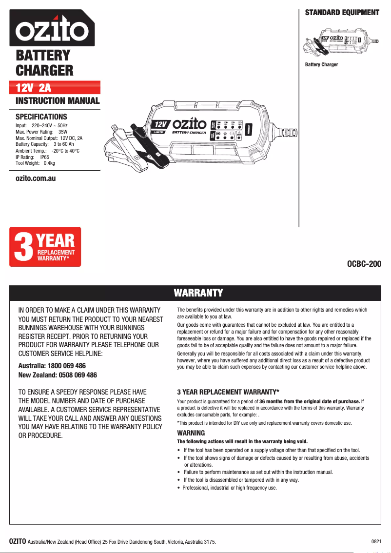 Page 1 de la notice Manuel utilisateur Ozito OCBC-200