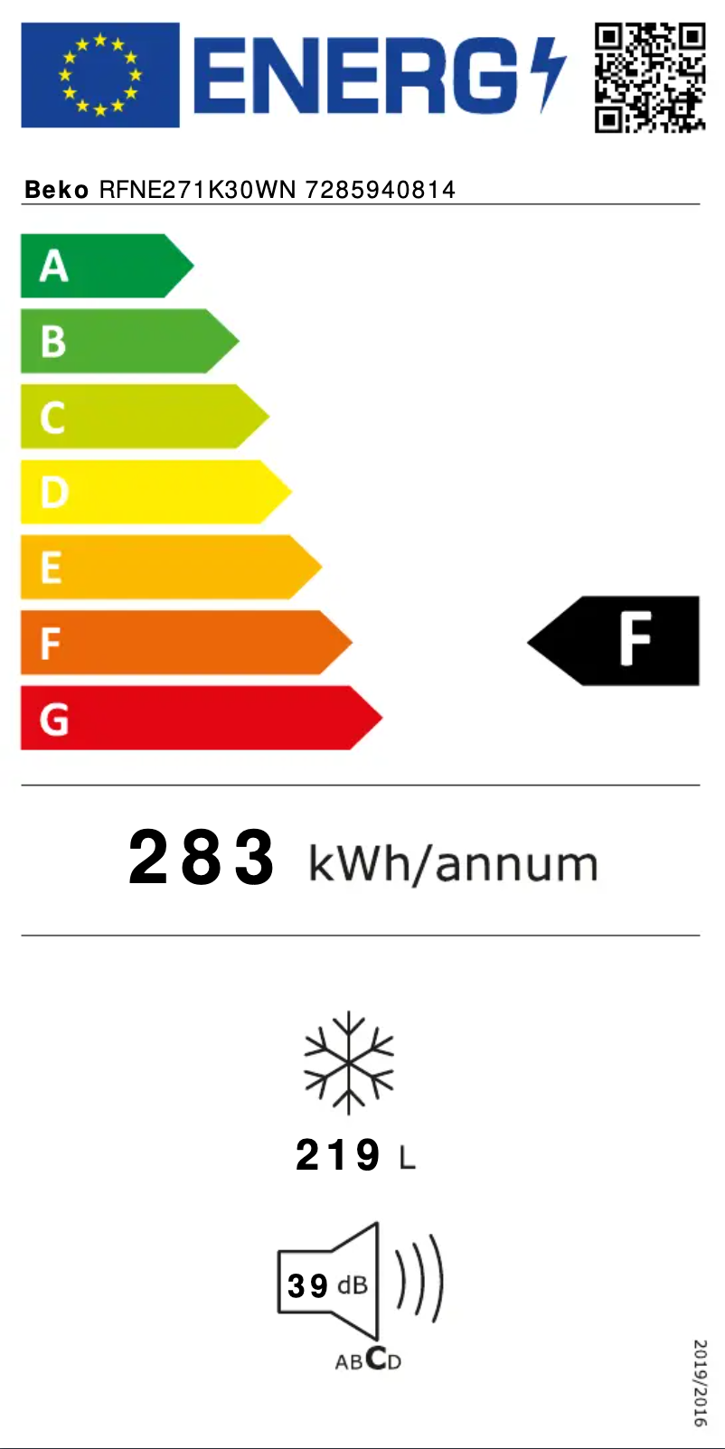 Page 1 de la notice Label énergétique Beko RFNE271K30WN