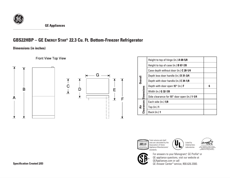 Page n°1 - Fiche technique GE GBS22HBPBB