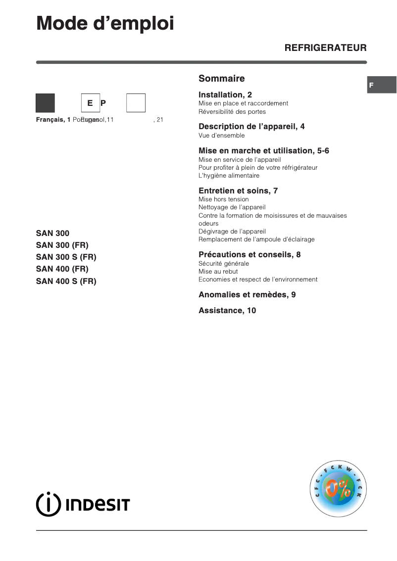 Page 1 de la notice Manuel utilisateur Indesit SAN 300 S (FR)