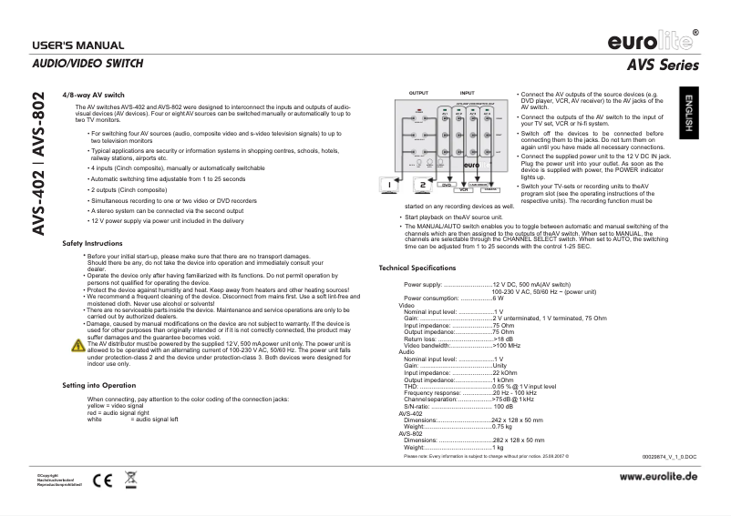 Page n°1 - Manuel utilisateur Eurolite AVS-802