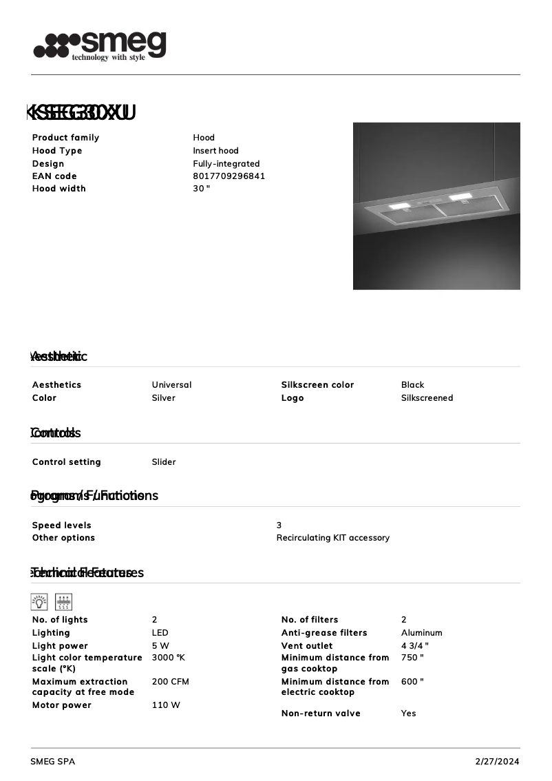 Page n°1 - Fiche technique Smeg KSEG30XU