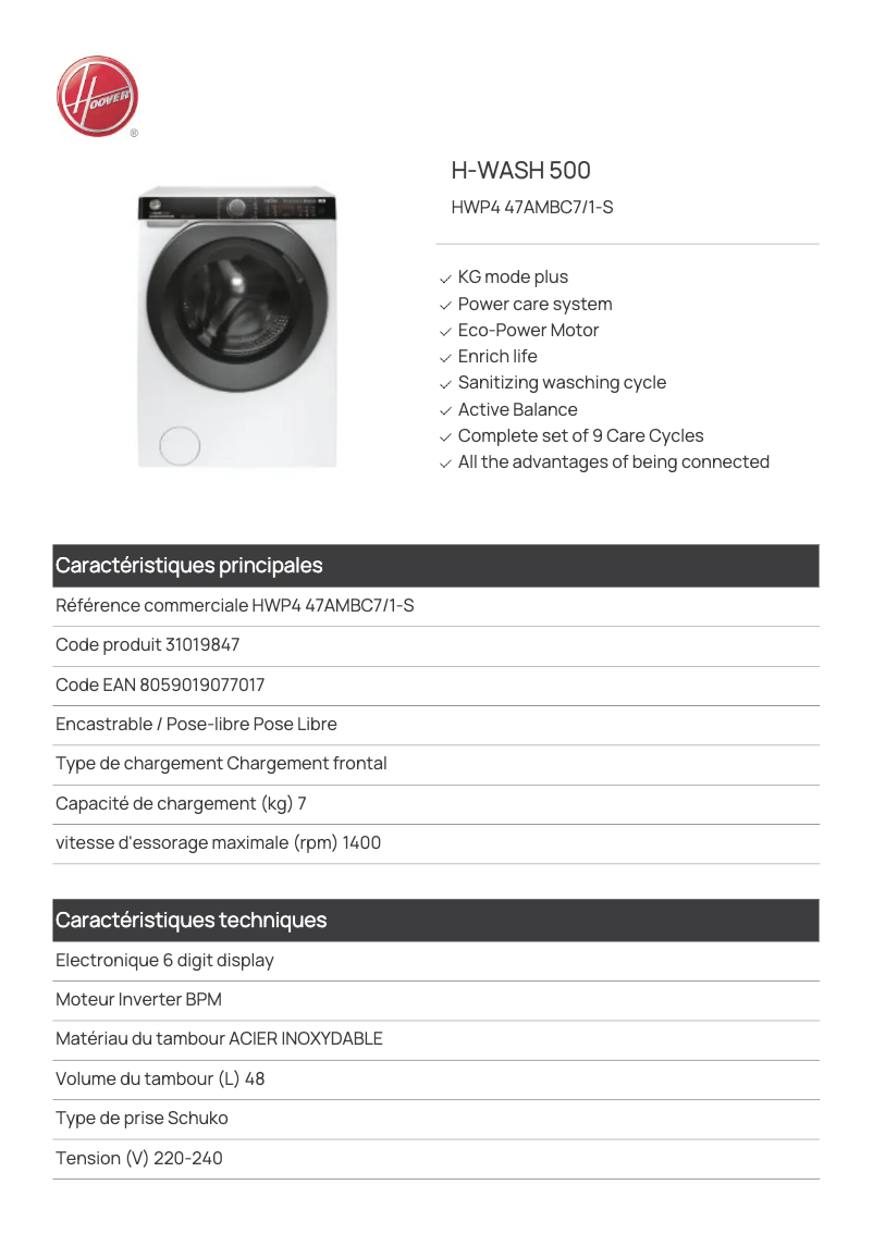 Page 1 de la notice Fiche technique Hoover HWP4 47AMBC7/1-S