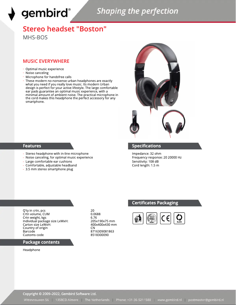 Page 1 de la notice Manuel utilisateur Gembird Boston MHS-BOS