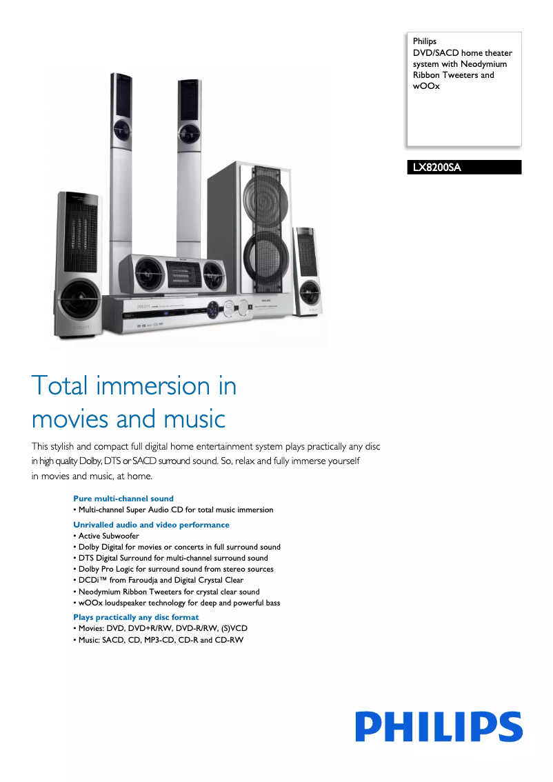 Page 1 de la notice Fiche technique Philips LX8200SA