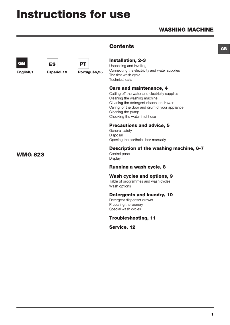 Page n°1 - Manuel utilisateur Hotpoint Ariston WMG 823B EU