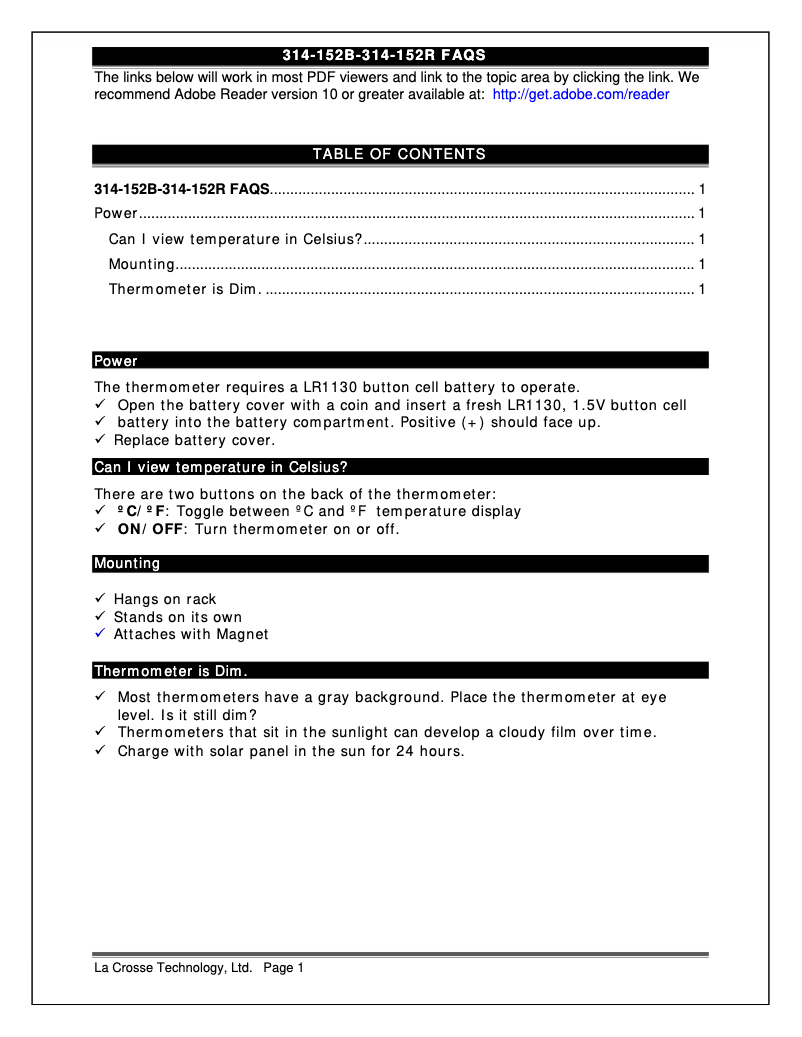 Page n°1 - FAQ La Crosse Technology 314-152B