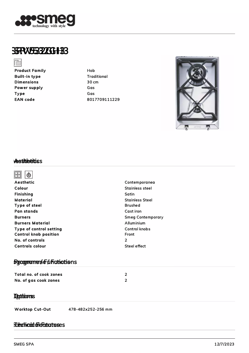 Page 1 de la notice Fiche technique Smeg SRV532GH3