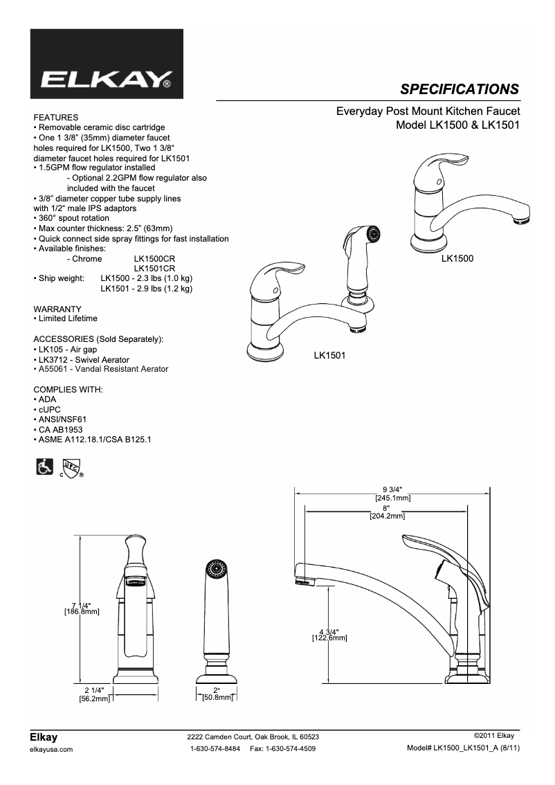 Page n°1 - Fiche technique Elkay LK1501CR