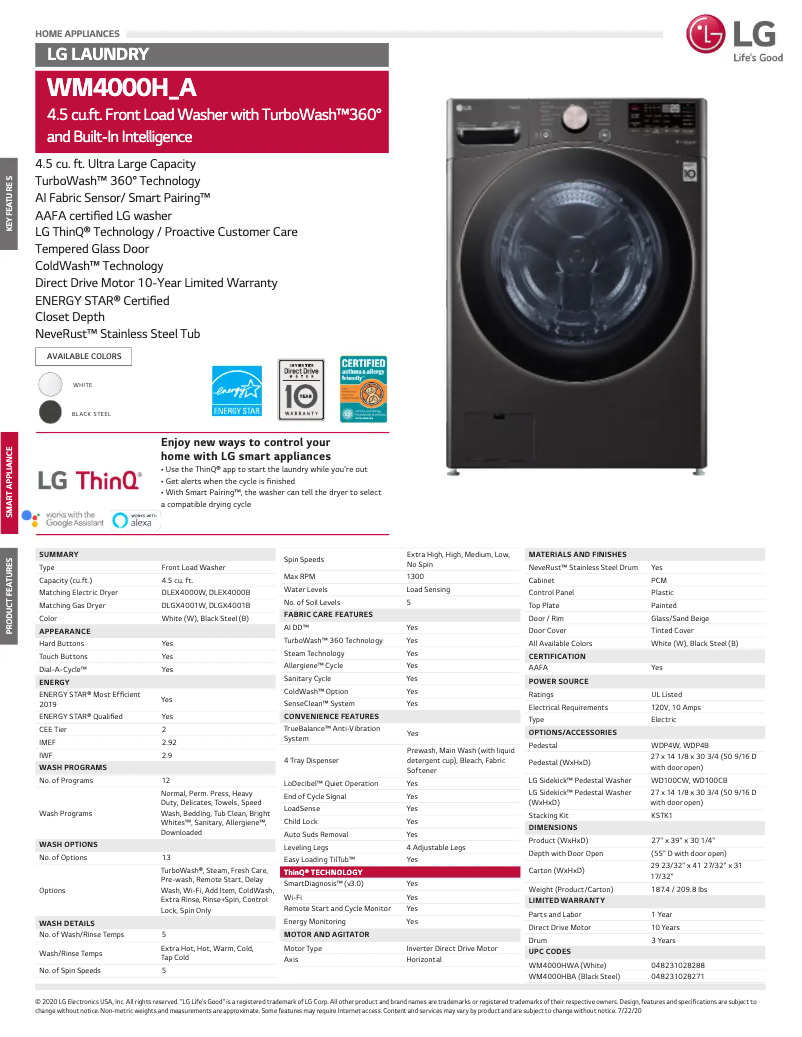 Page 1 de la notice Fiche technique LG WM4000HWA