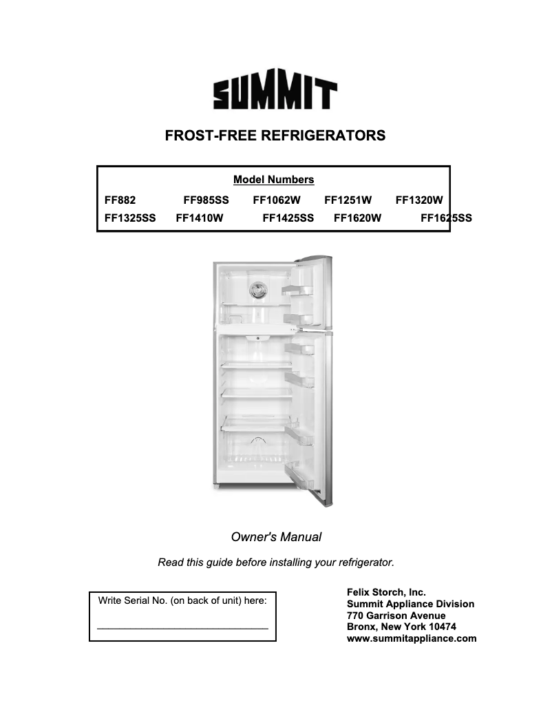 Page 1 de la notice Manuel utilisateur Summit FF1625SS
