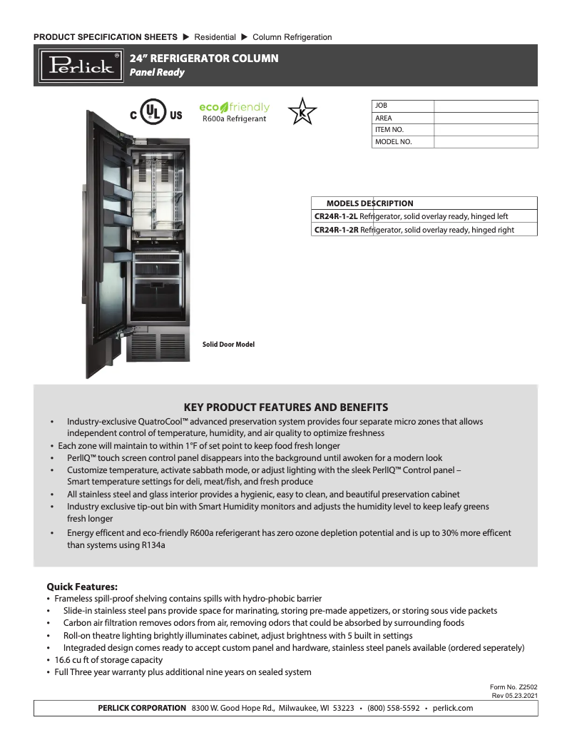 Page n°1 - Fiche technique Perlick CR24R-1-2R