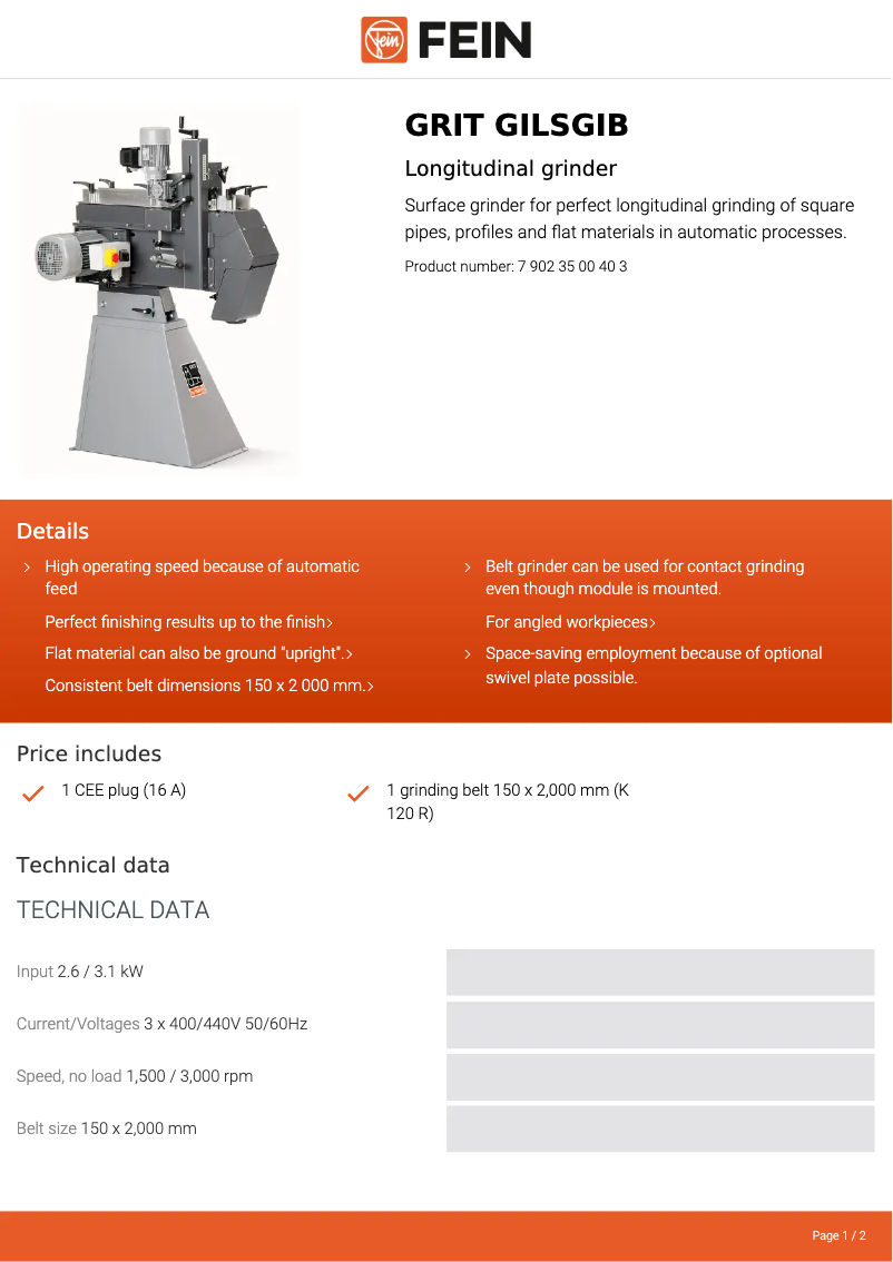 Página 1 del manual Ficha técnica Fein GRIT GILSGIB