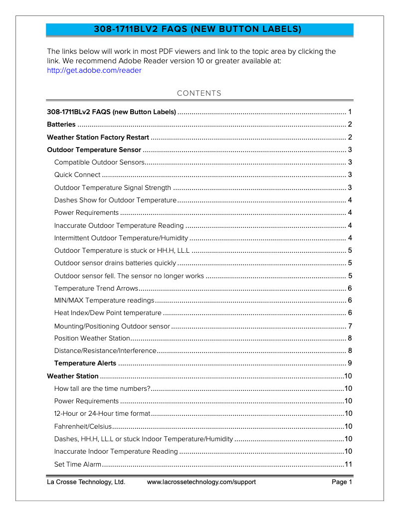 Page 1 of the manual FAQ La Crosse Technology 308-1711BLV2