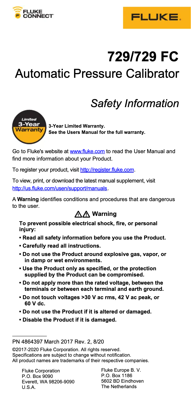 Page 1 de la notice Instructions de sécurité Fluke 729