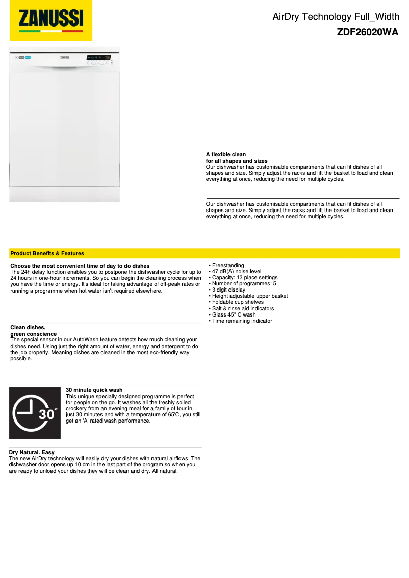 Page n°1 - Fiche technique Zanussi ZDF26020WA