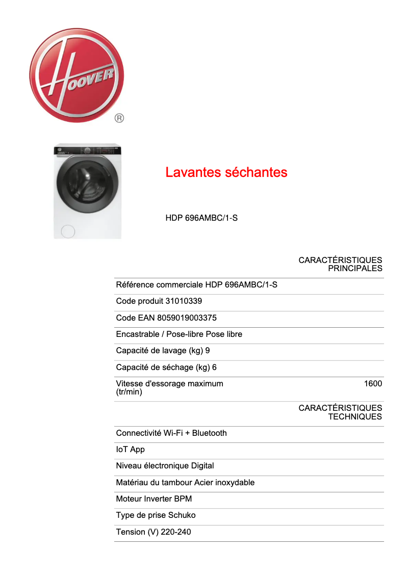 Page 1 de la notice Fiche technique Hoover H-WASH&DRY 500 HDP 696AMBC/1-S