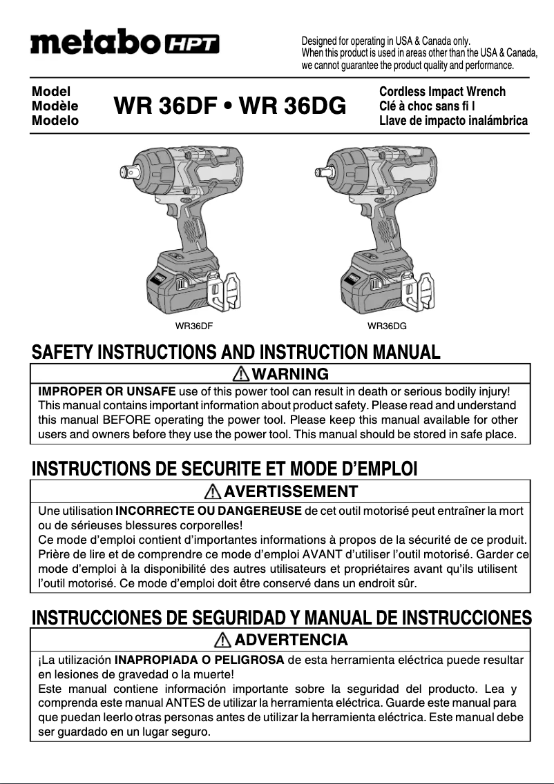 Page 1 de la notice Manuel utilisateur HiKOKI WR36DF
