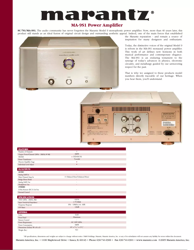 Page n°1 - Fiche technique Marantz MA-9S1