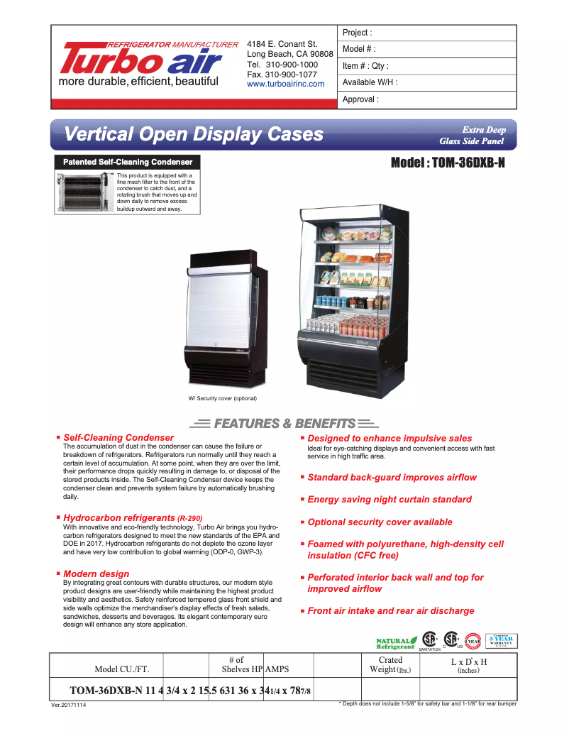 Página 1 del manual Ficha técnica Turbo air TOM-36-DX