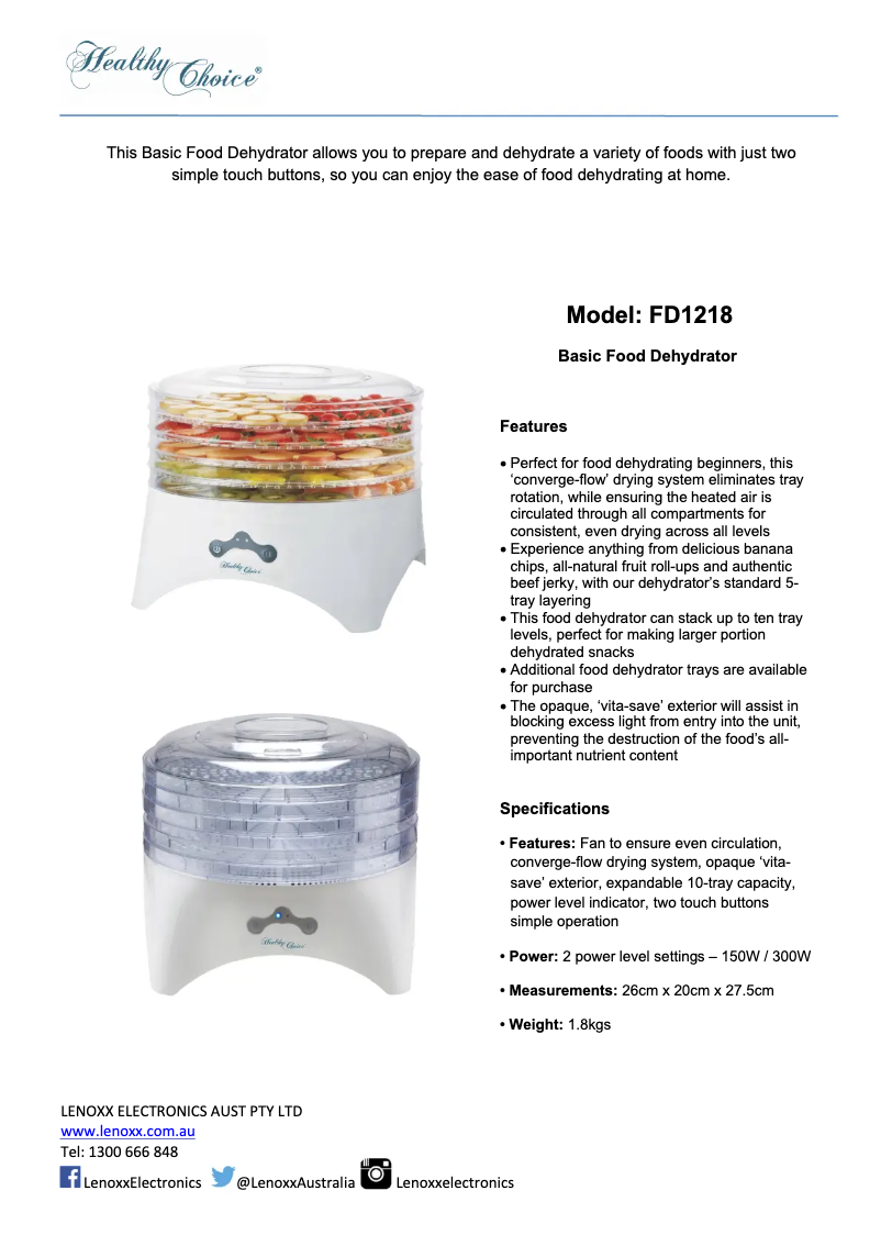 Page n°1 - Fiche technique Lenoxx Healthy Choice FD1218