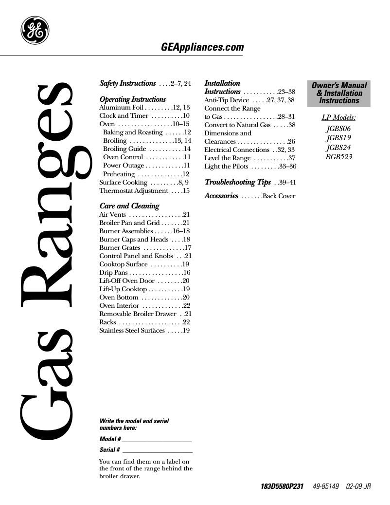 Page 1 de la notice Guide d'installation GE JGBS19MENBS
