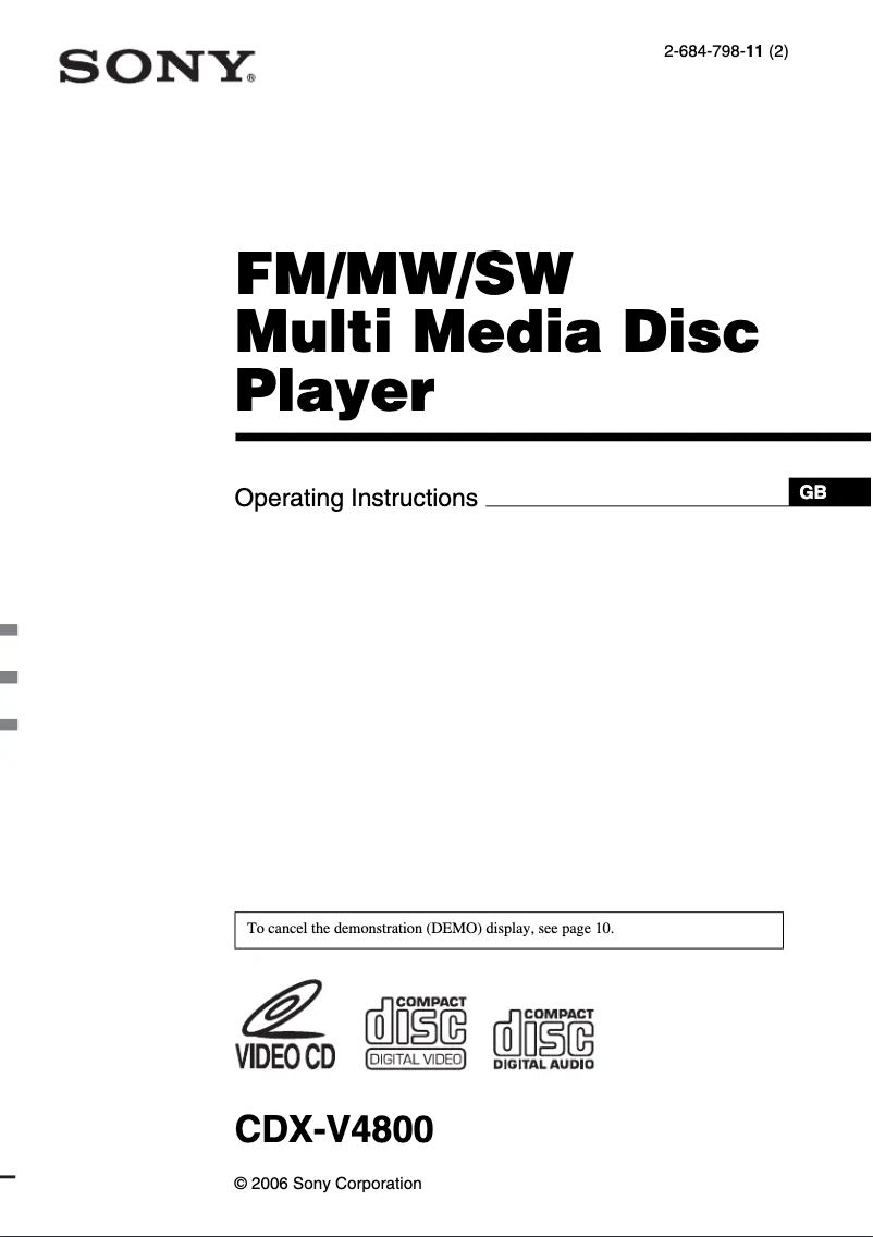 Page 1 de la notice Manuel utilisateur Sony CDX-V4800