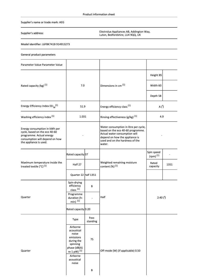 Page n°1 - Fiche technique AEG L6FBK741B