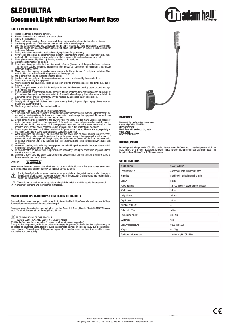 Page 1 de la notice Manuel utilisateur Adam Hall SLED 1 Ultra