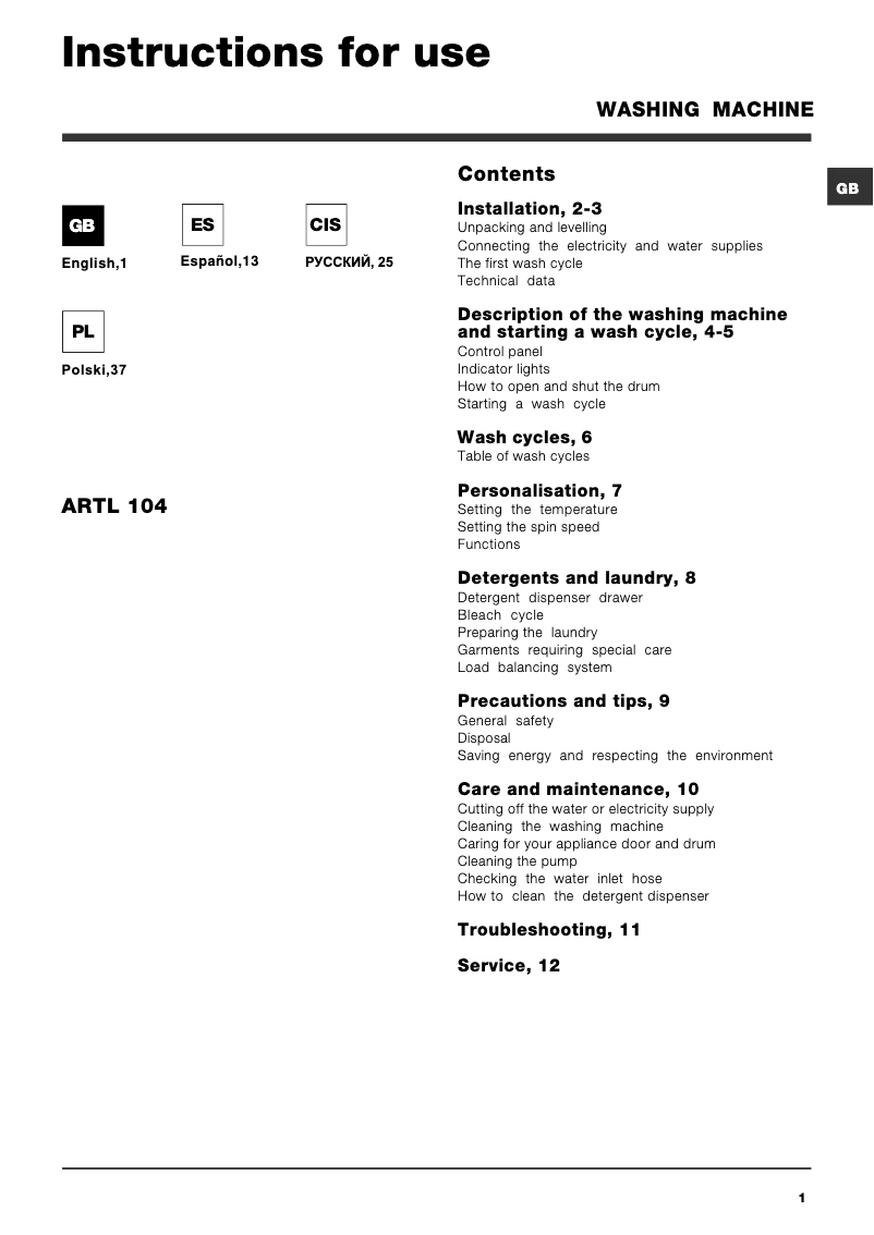 Page n°1 - Manuel utilisateur Hotpoint Ariston ARTL 104 HA