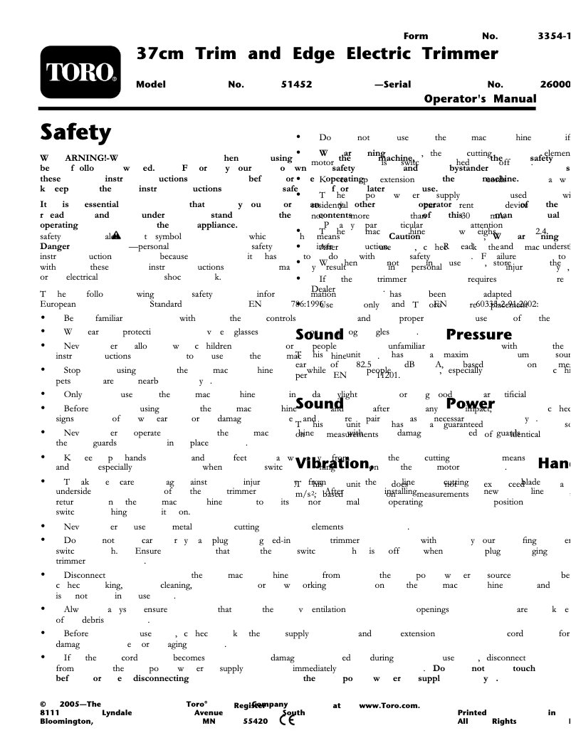 Page 1 de la notice Manuel utilisateur Toro 51452