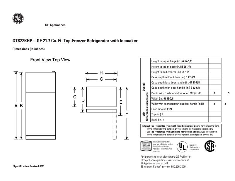 Page n°1 - Fiche technique GE GTS22KHPBB