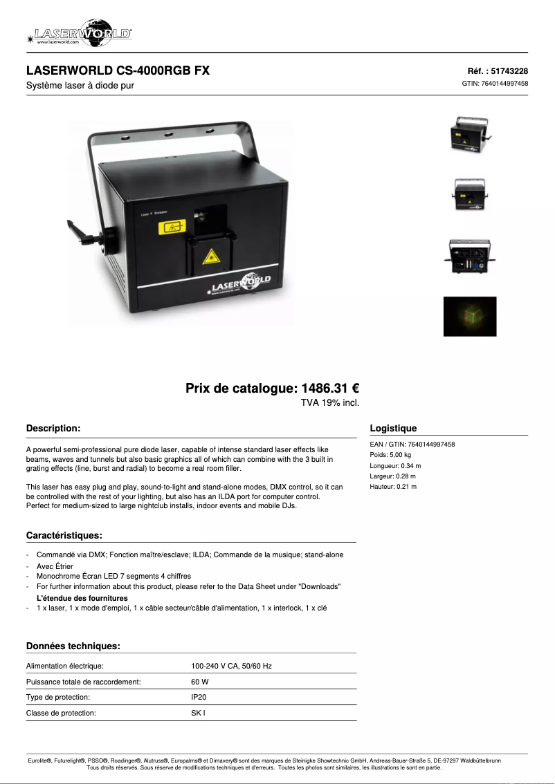 Page 1 de la notice Fiche technique Laserworld CS-4000RGB FX