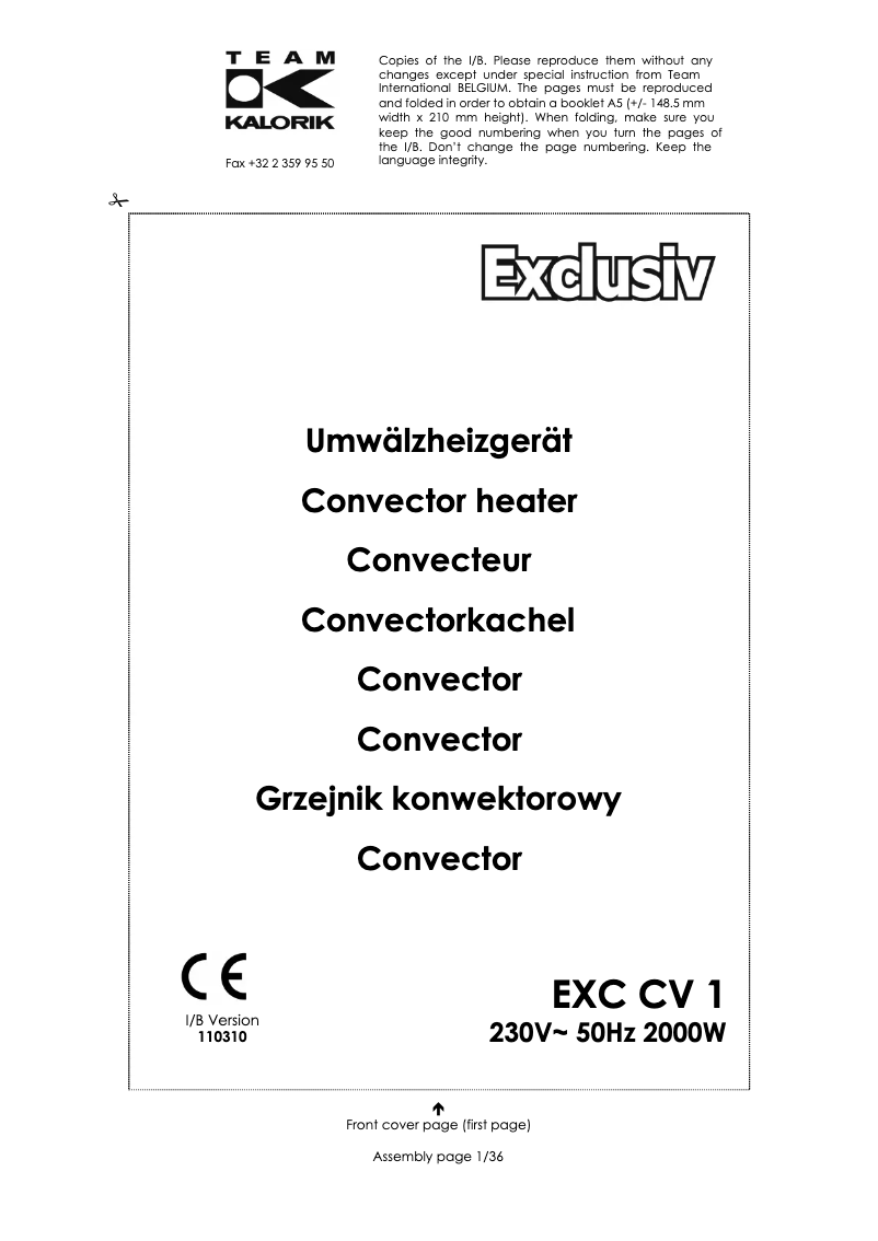Image de la première page du manuel de l'appareil EXC CV 1