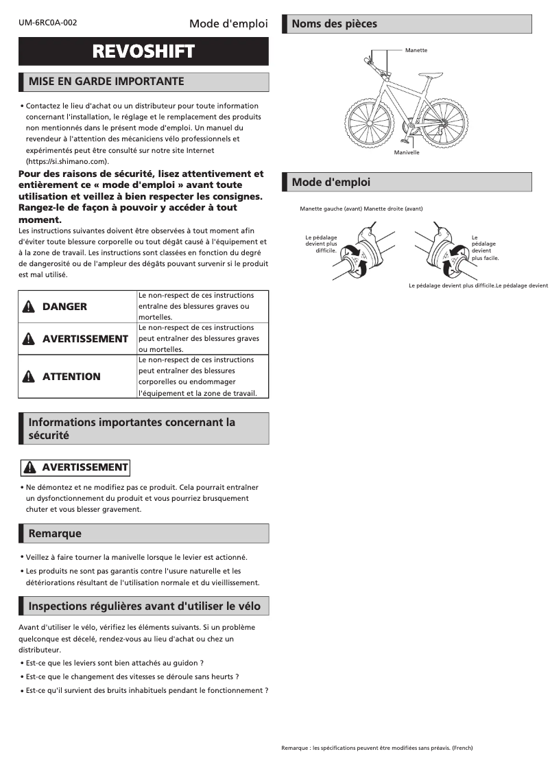 Page n°1 - Manuel utilisateur Shimano SL-RV200-LN
