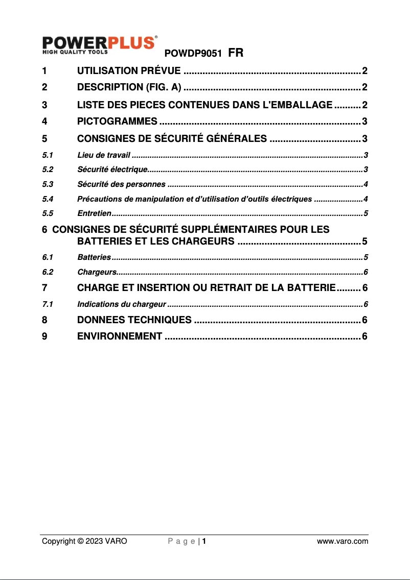 Page n°1 - Manuel utilisateur PowerPlus POWDP9051
