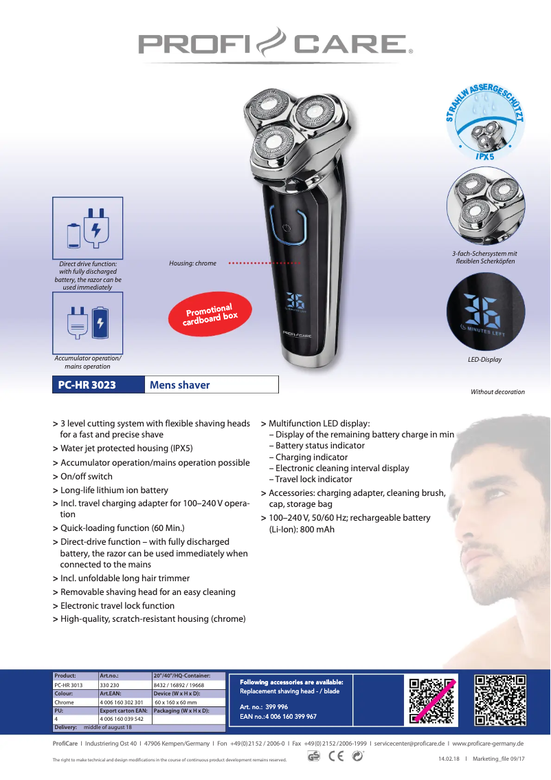 Page 1 de la notice Fiche technique ProfiCare PC-HR 3023