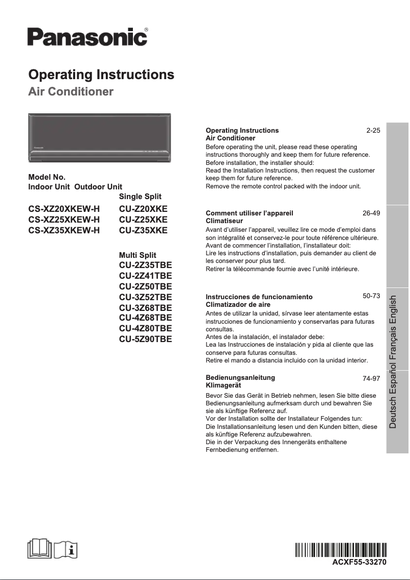 Page 1 de la notice Manuel utilisateur Panasonic CU-Z35XKE