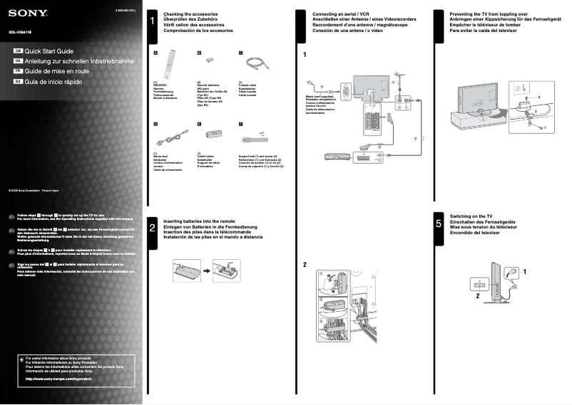 Page 1 de la notice Guide d'installation Sony KDL-V26A11E