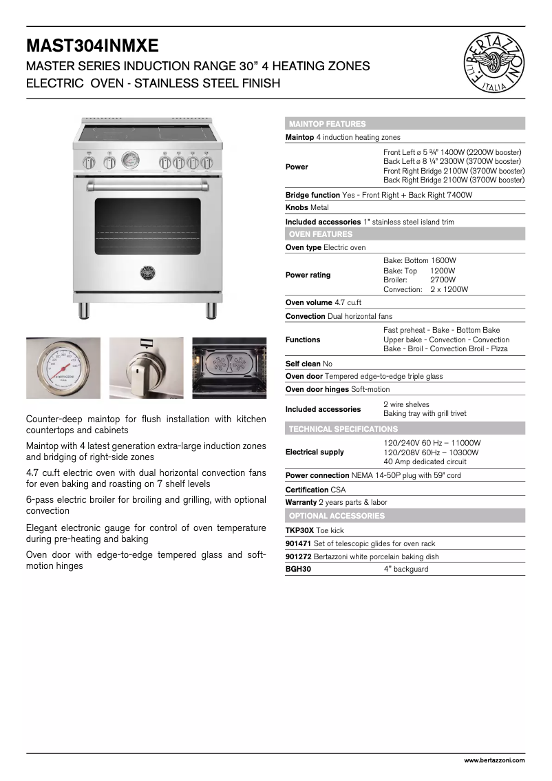 Page 1 de la notice Fiche technique Bertazzoni Master MAST304INMXE