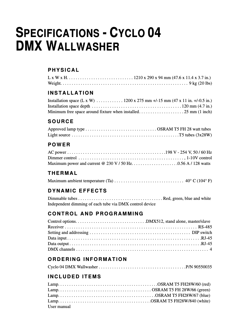 Page 1 de la notice Fiche technique Martin Cyclo 04 DMX Wallwasher