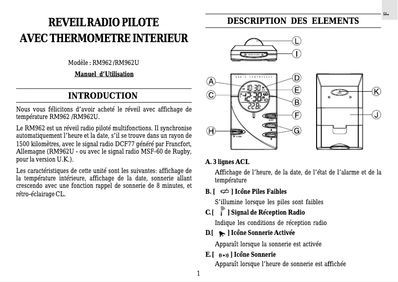 Page 1 de la notice Manuel utilisateur Oregon Scientific RM962