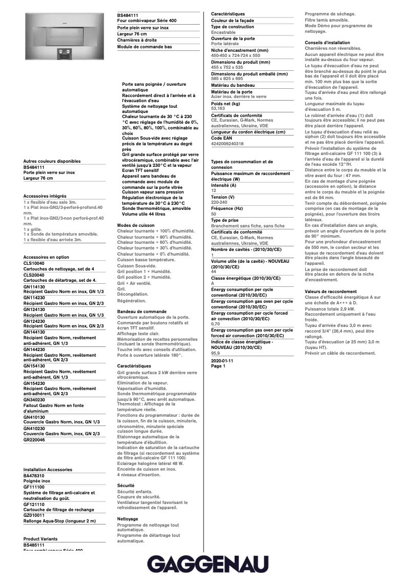 Página 1 del manual Ficha técnica Gaggenau BS484111