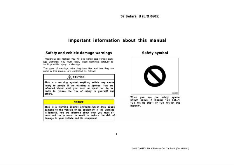 Page 1 de la notice Manuel utilisateur Toyota Solara (2007)