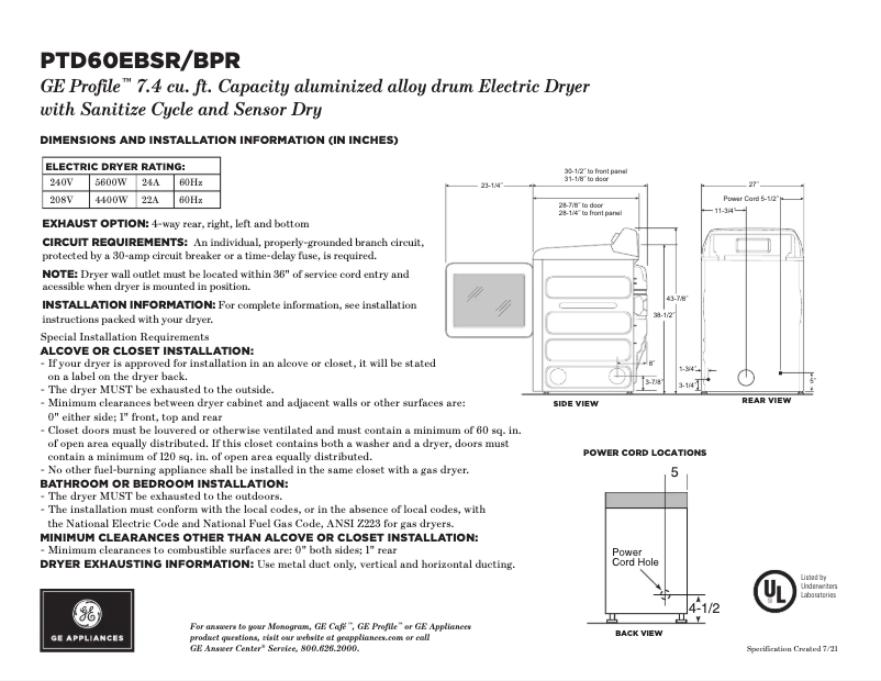Page n°1 - Fiche technique GE Profile PTD60EBPRDG