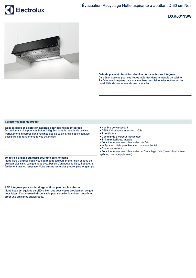 Page 1 de la notice Fiche technique Electrolux DXK6011SW