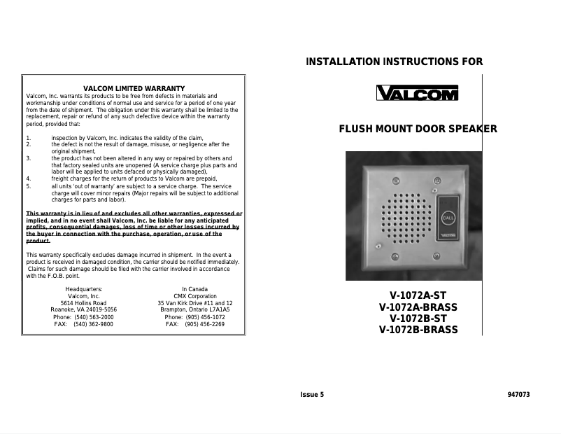 Image de la première page du manuel de l'appareil V-1072B