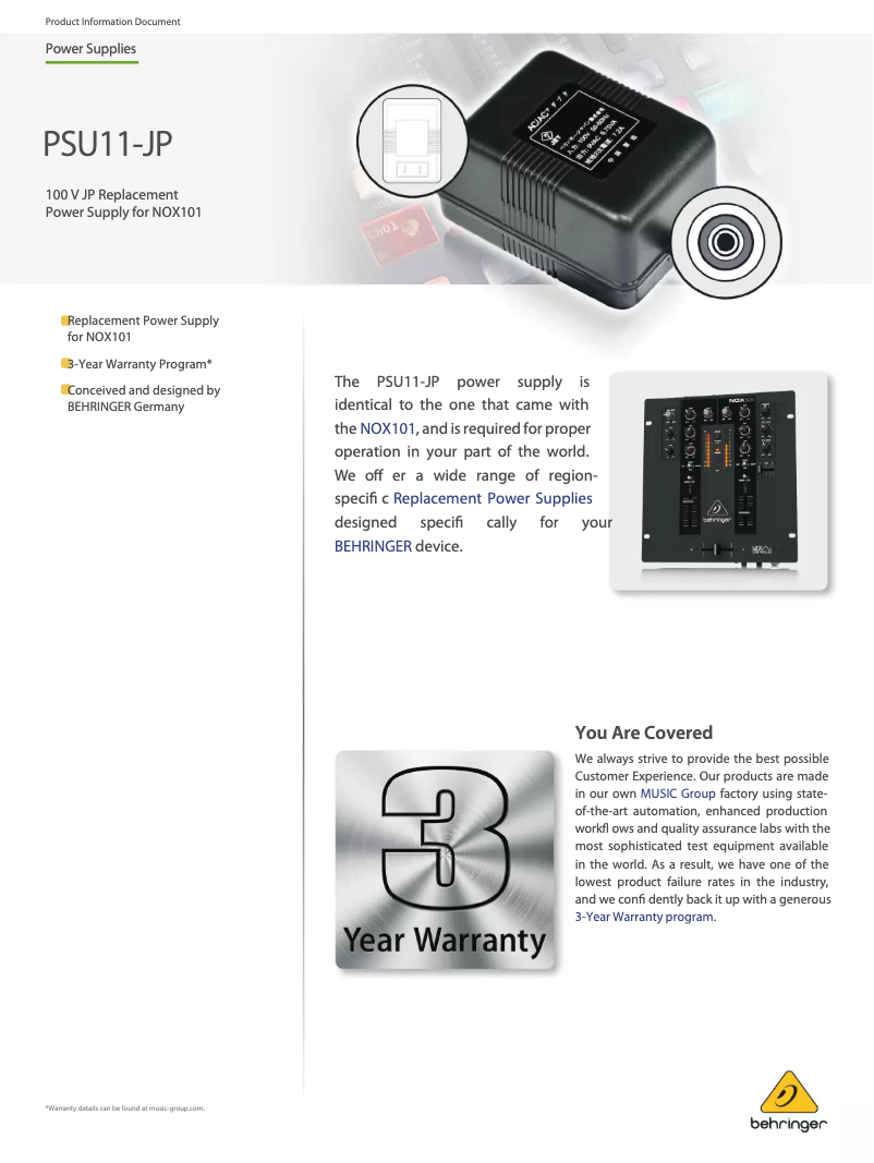 Page 1 of the manual User Manual Behringer PSU11-JP