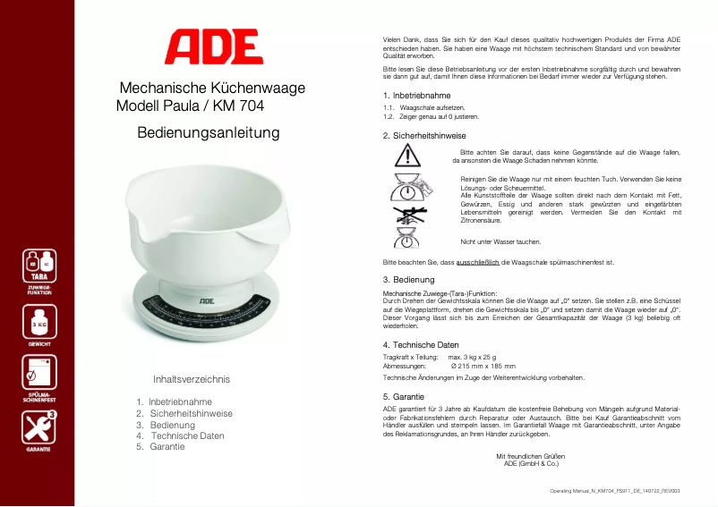 Page 1 de la notice Manuel utilisateur ADE Paula KM 704