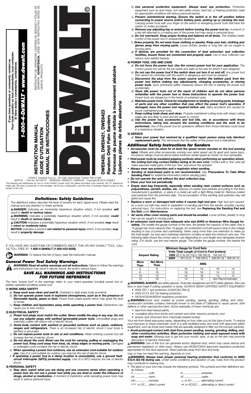 Page 1 de la notice Manuel utilisateur DeWalt DWE6420